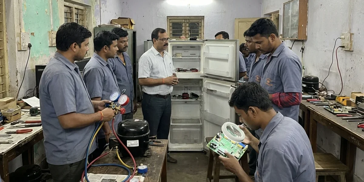 Fridge repair training practical session at RRR Training Center Bardhaman